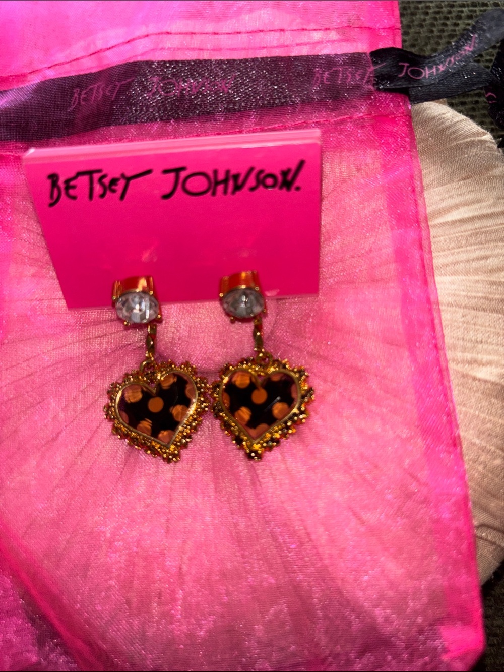 Betsey Johnson Gold Heart Drop Earrings with Black & Orange Polka Dot NWT